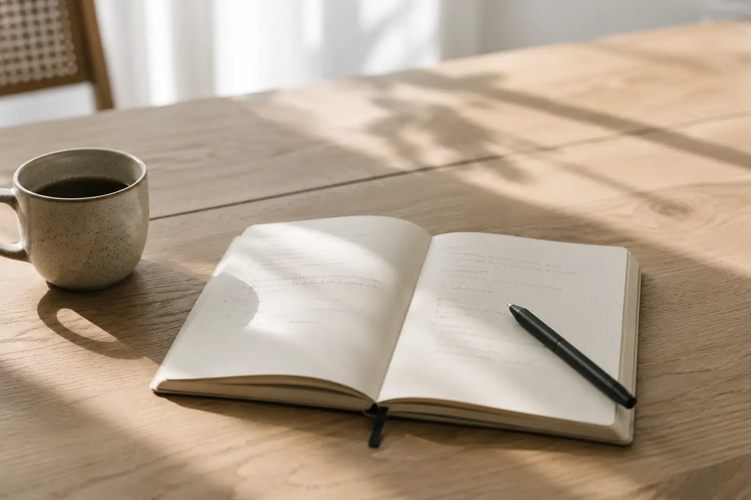 Aufgeschlagenes Notizbuch mit Stift und Kaffeetasse — Selbstcoaching strukturiert umsetzen