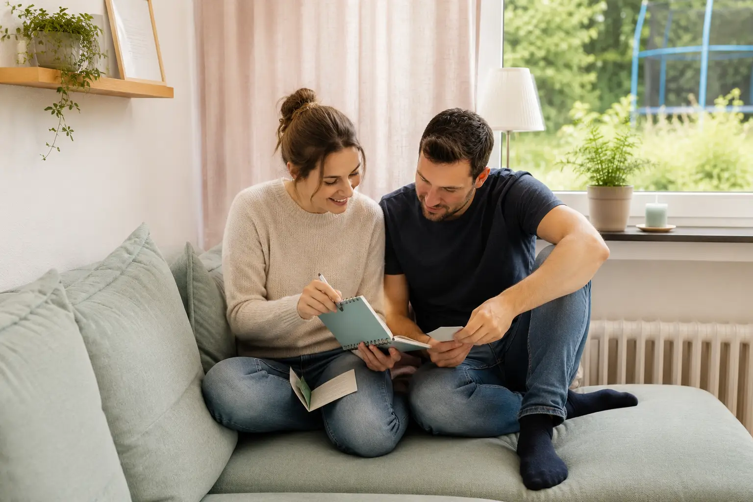 Elternpaar arbeitet gemeinsam mit einem Workbook – Beziehung retten als Eltern
