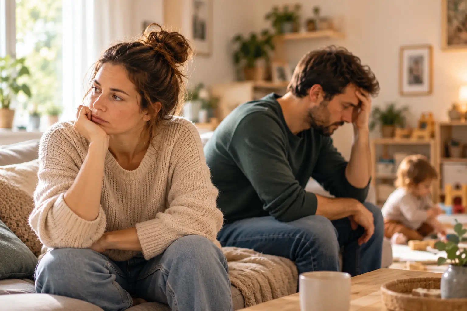 Partnerschaft mit kleinen Kindern – Paar nach einem Streit im Familienalltag